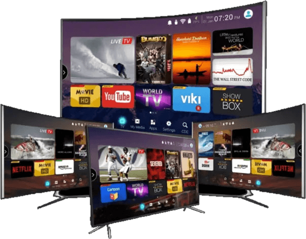 Four smart TVs showing a streaming app with live TV, movie and series tiles